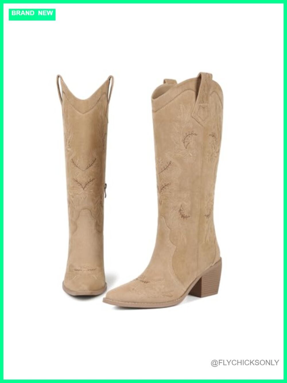 Faux Suede Cowboy Boots Knee High Pointed Toe Chunky Heel Western Boots Wide - Picture 3 of 6